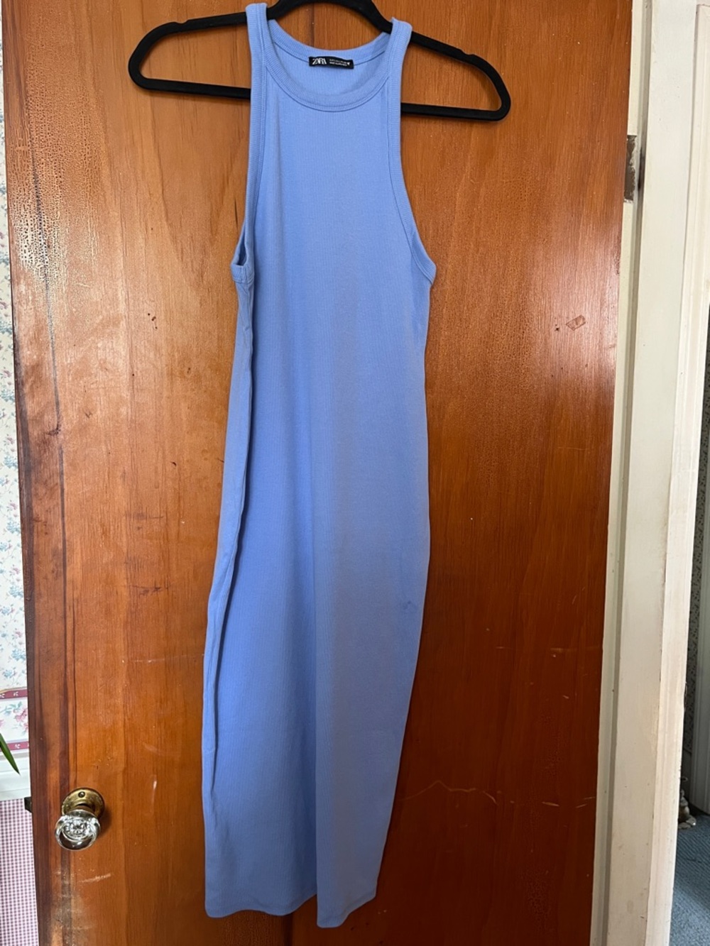 Zara Pale Blue Ribbed Tank Midi Dress